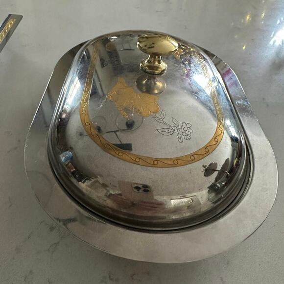 MCM Stainless Steel Lidded Butter Dish caviar cake tray set gold floral fasix - Picture 5 of 16